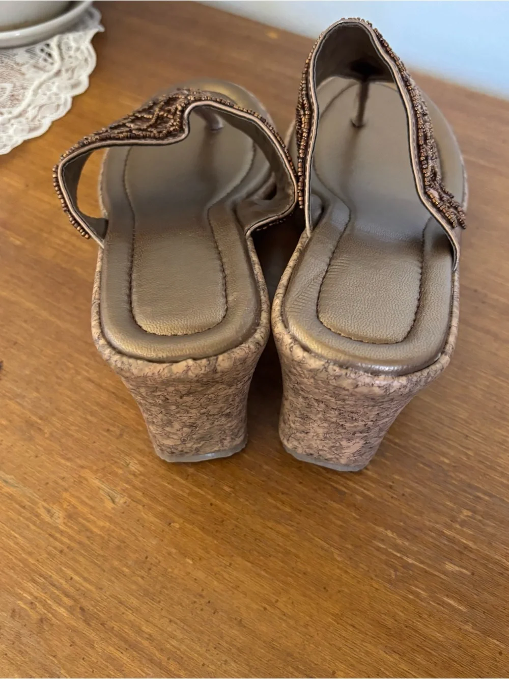 Copper and Bronze Beaded Wedge Thong Sandals